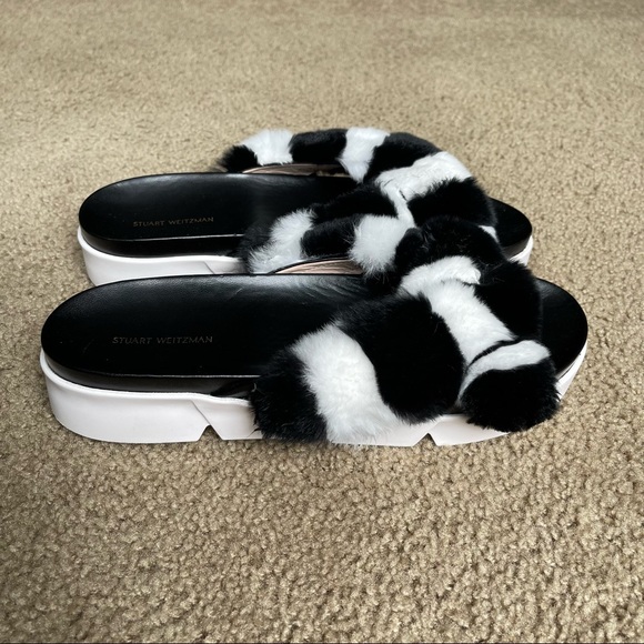 Stuart Weitzman Sublime Rex Rabbit Fur Slide Sandal Sz 41 In Black/White - Picture 4 of 12